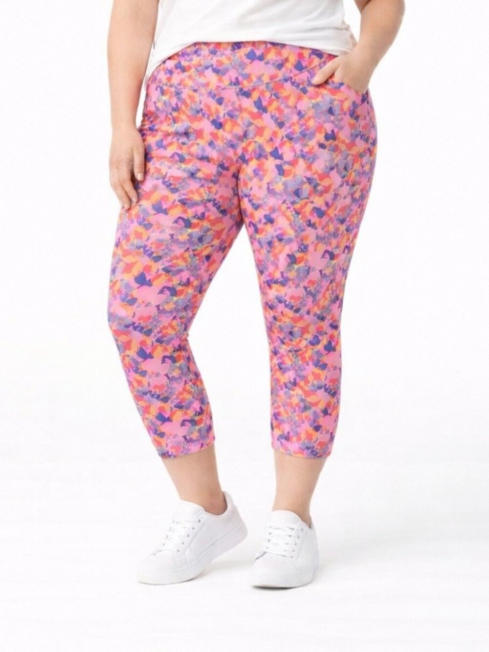 Zelos Floral Abstract‎ Print Active Leggings Pink Orange 3X High Waist Pocket